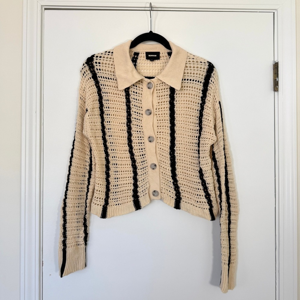 Monrow $225 Striped Organic Cotton Open Knit Crochet Cardigan Size Small - Picture 3 of 10
